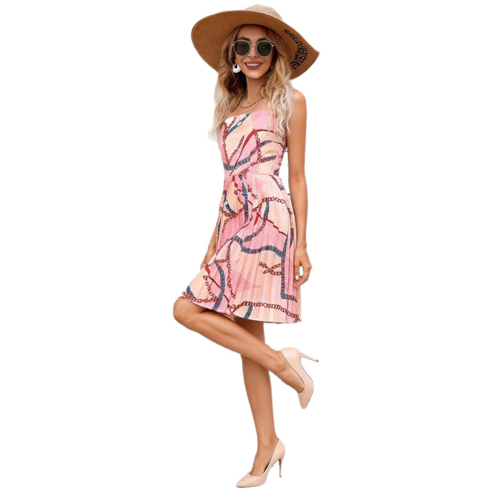 Pink Floral Sleeveless A-Line Midi Dress
