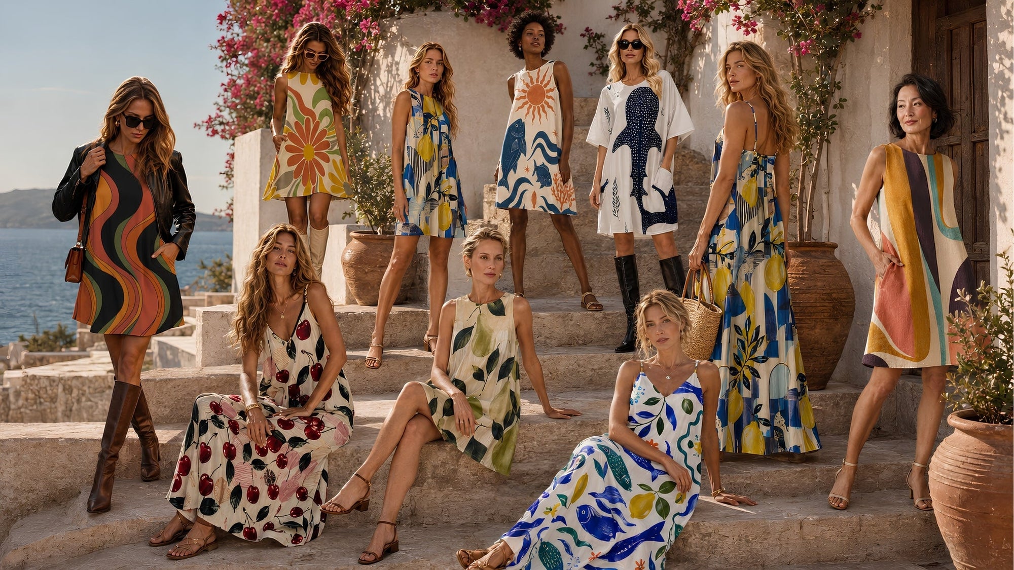 Women wearing colorful Mediterranean-inspired ByZaynCo dresses on sunlit stone steps