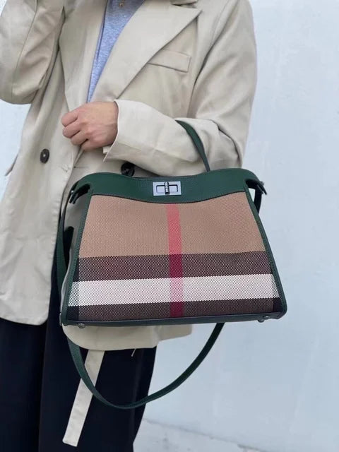 Women's striped 35cm shoulder tote bag in black, green, red or caramel