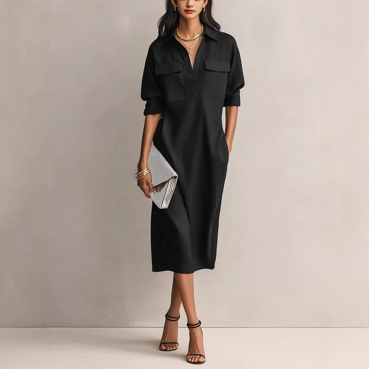 Shirt-Collar Short-Sleeve Midi Dress