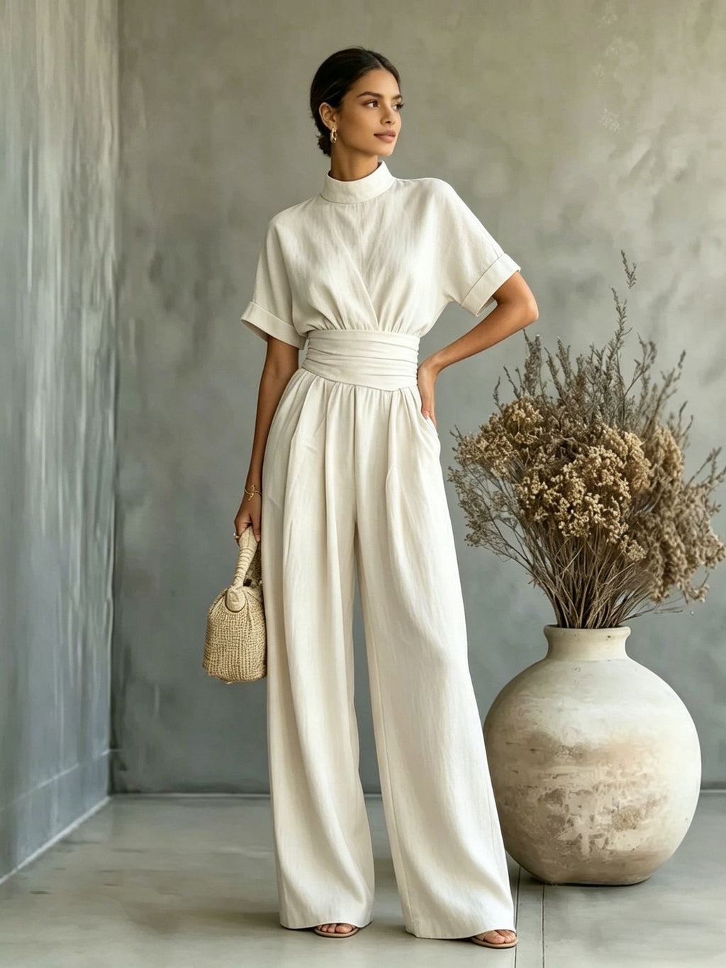 Sorrento High-Neck Wide-Leg Jumpsuit – Short-Sleeve One-Piece