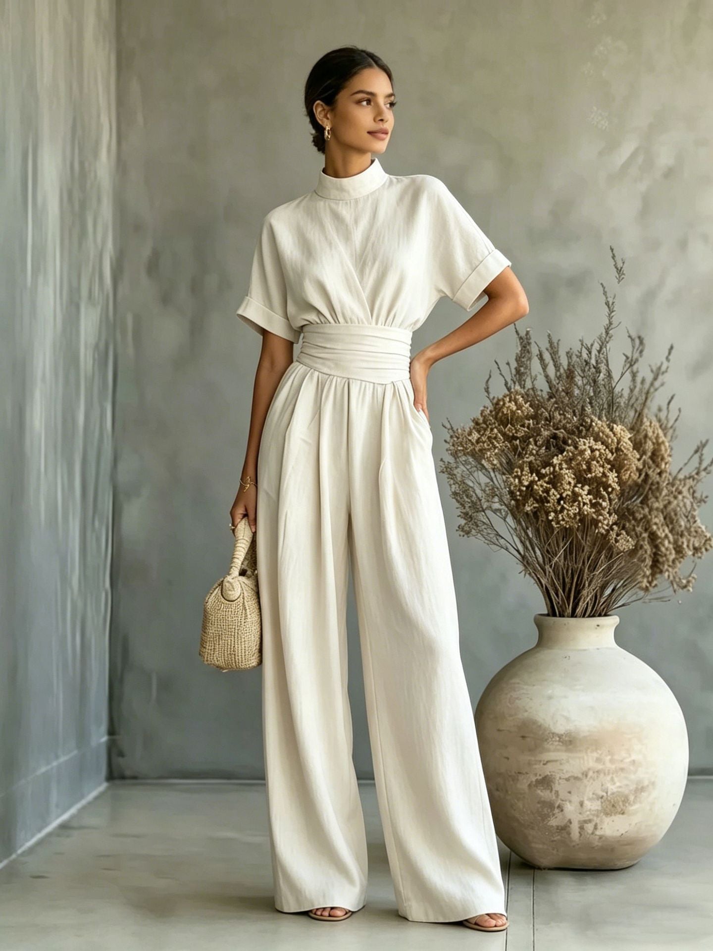 Sorrento High-Neck Wide-Leg Jumpsuit – Short-Sleeve One-Piece