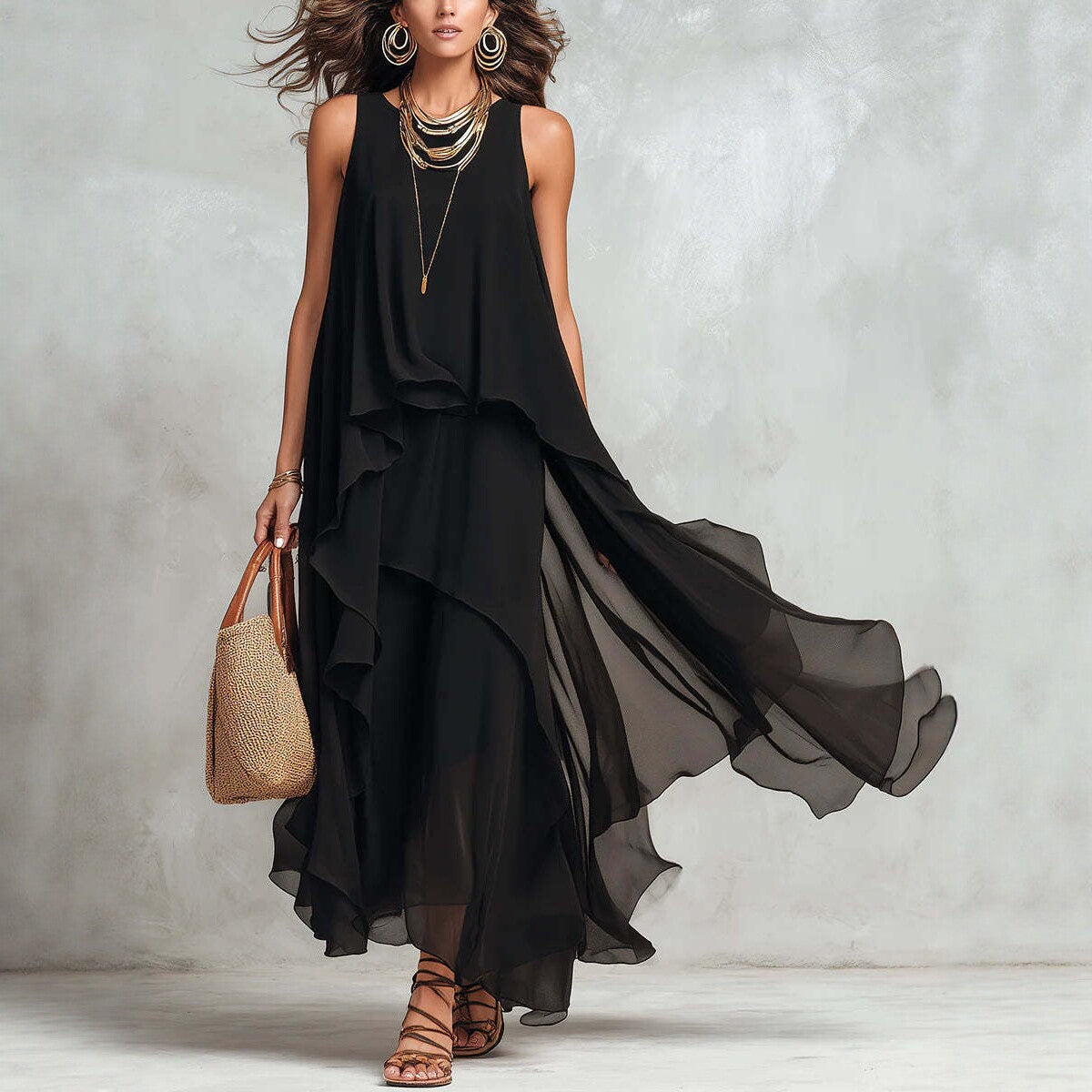 Black Sleeveless Chiffon A-Line Maxi Dress