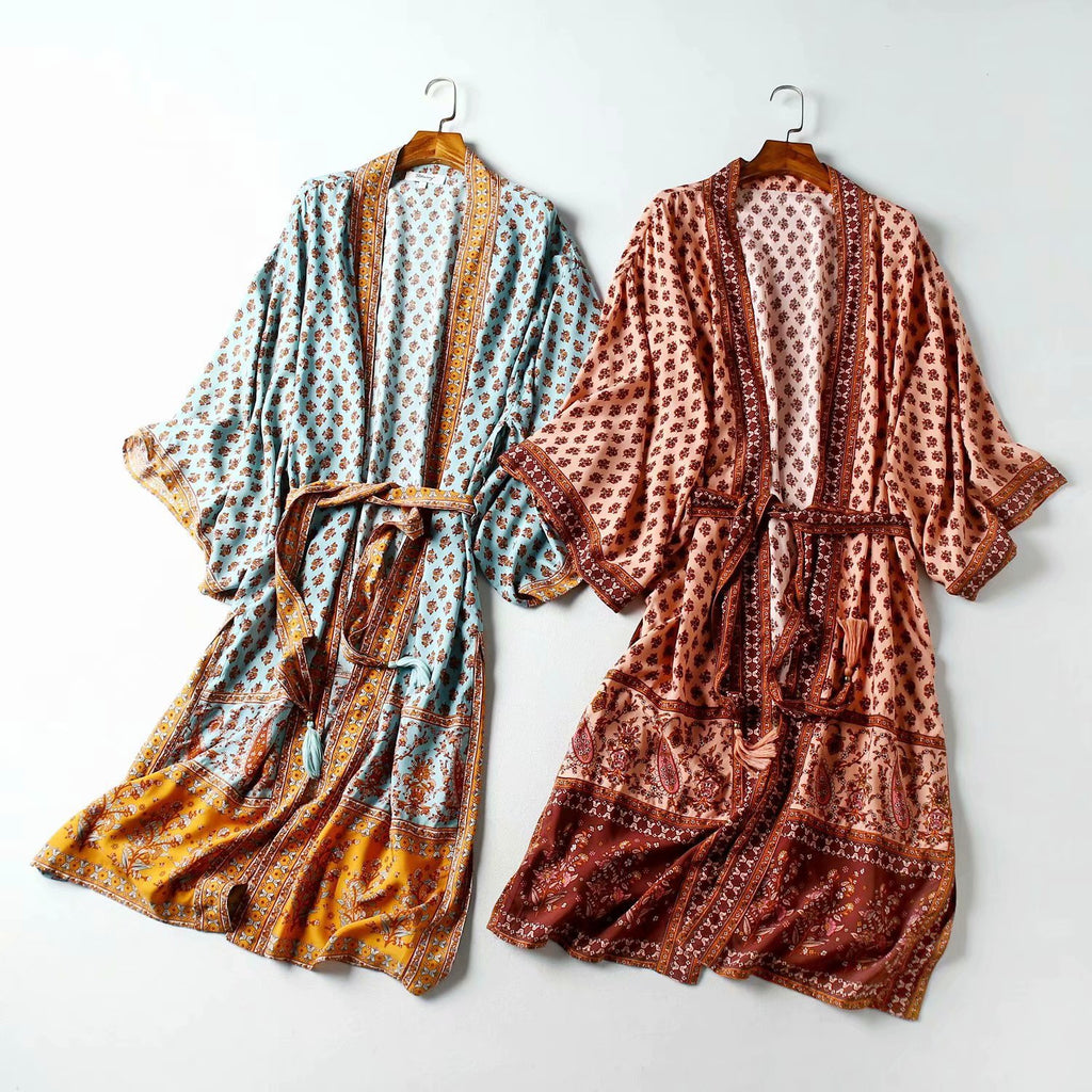 Belted paisley kimono in pink and green options