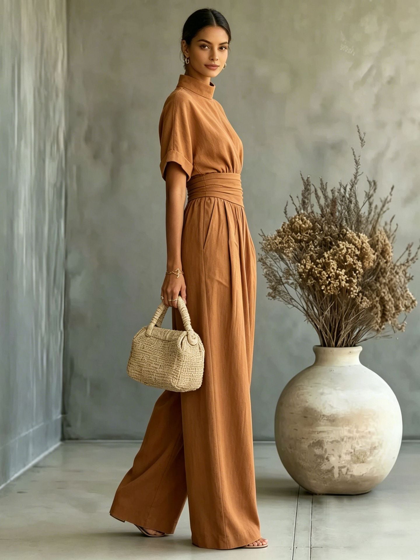 Sorrento High-Neck Wide-Leg Jumpsuit – Short-Sleeve One-Piece