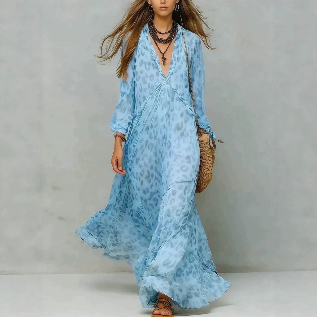 Long-Sleeve Leopard-Print A-Line Maxi Dress
