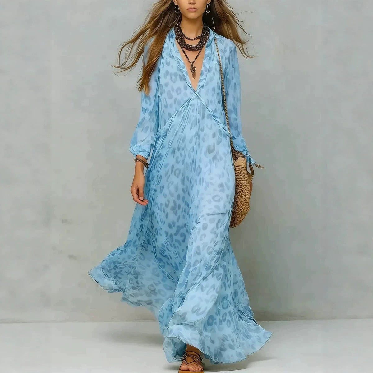Long-Sleeve Leopard-Print A-Line Maxi Dress