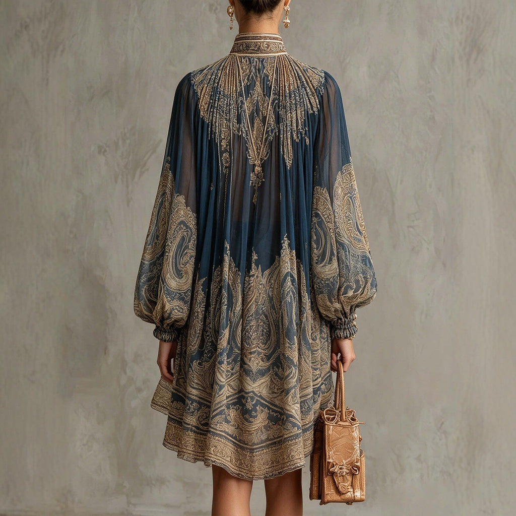 Navy Stand-Collar Puff-Sleeve High-Low Dress
