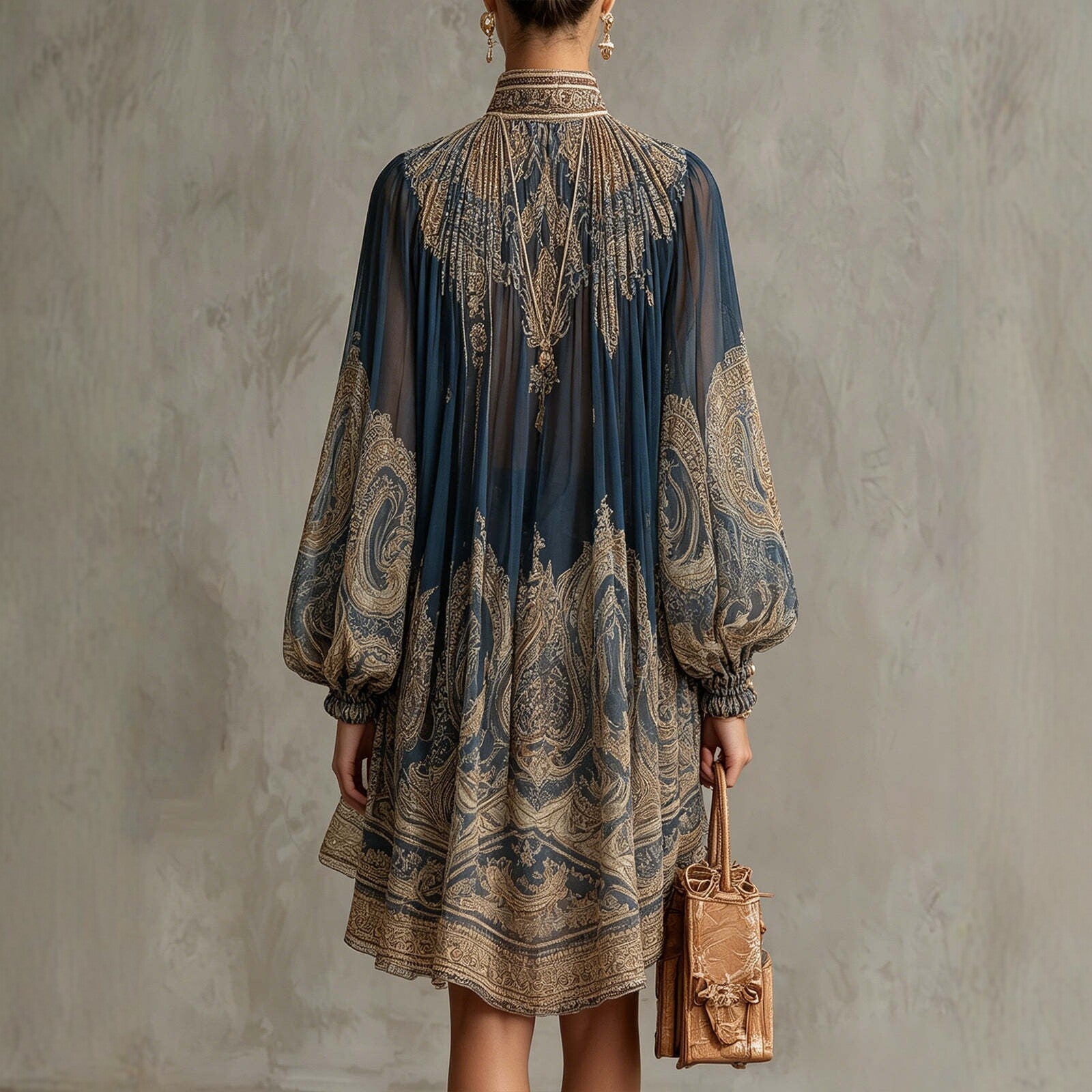 Navy Stand-Collar Puff-Sleeve High-Low Dress