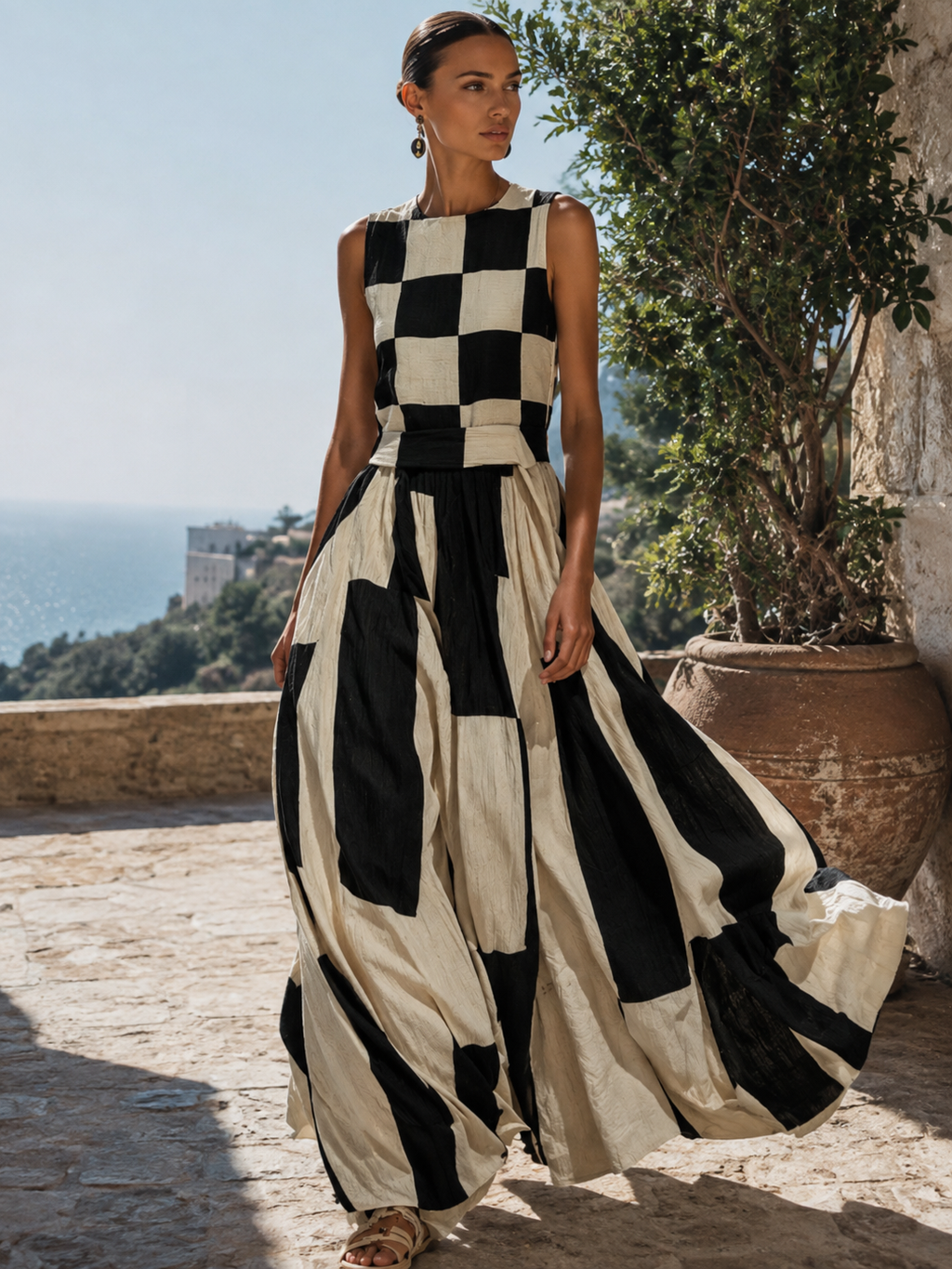 Black & Cream Geometric Maxi Dress, Sleeveless Checkerboard Resort Wear