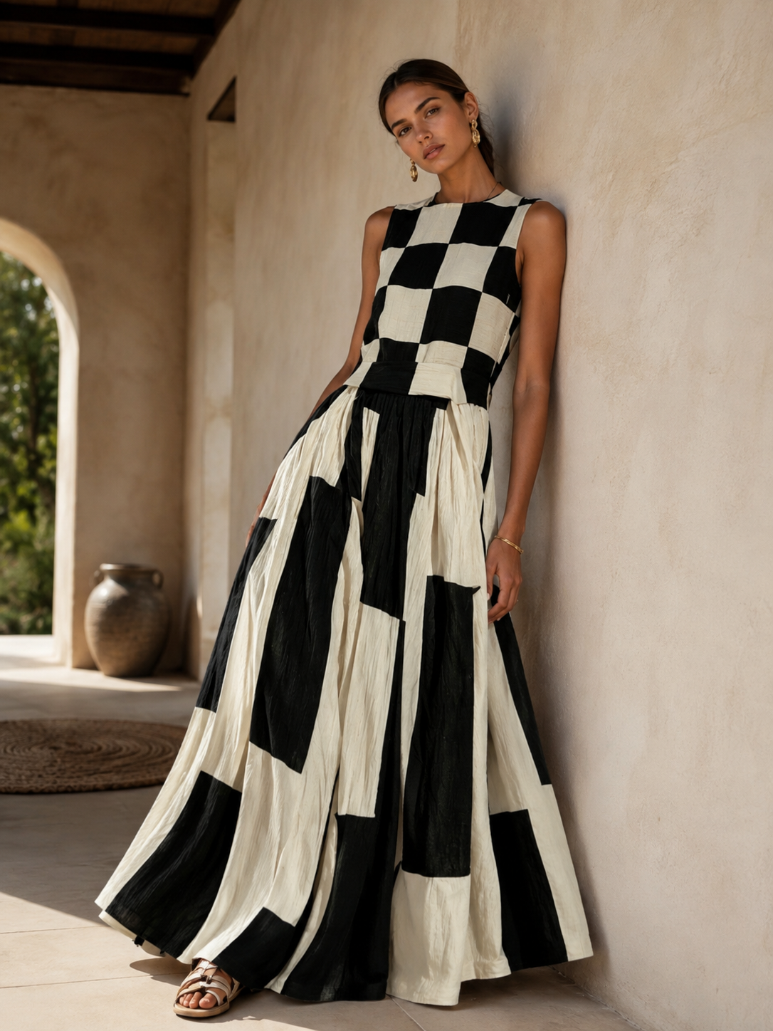 Black & Cream Geometric Maxi Dress, Sleeveless Checkerboard Resort Wear