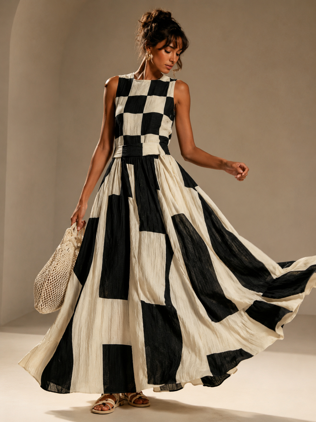 Black & Cream Geometric Maxi Dress, Sleeveless Checkerboard Resort Wear