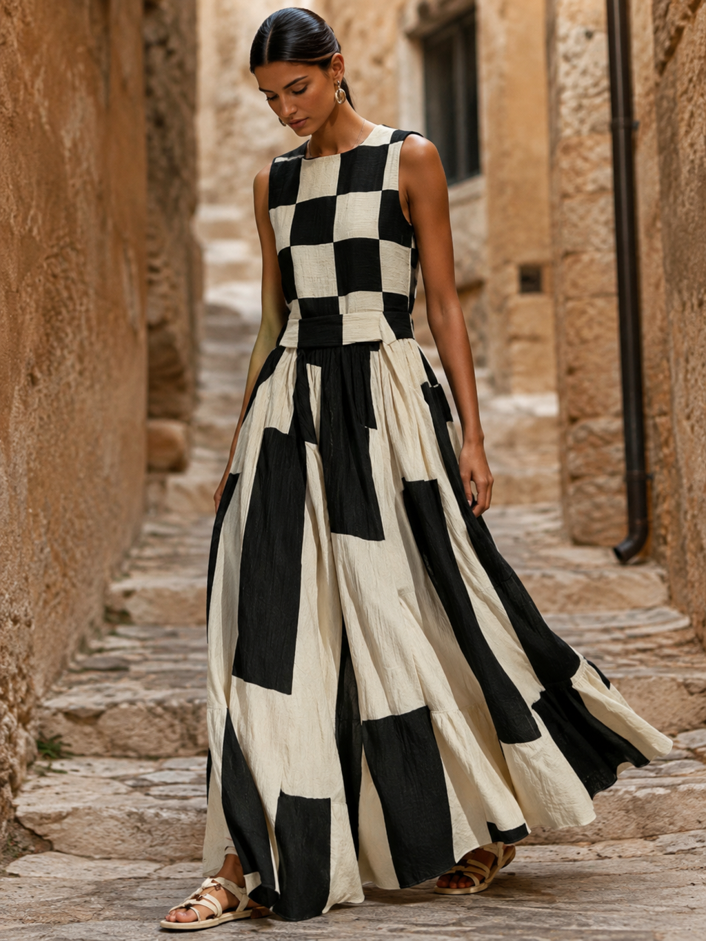 Black & Cream Geometric Maxi Dress, Sleeveless Checkerboard Resort Wear