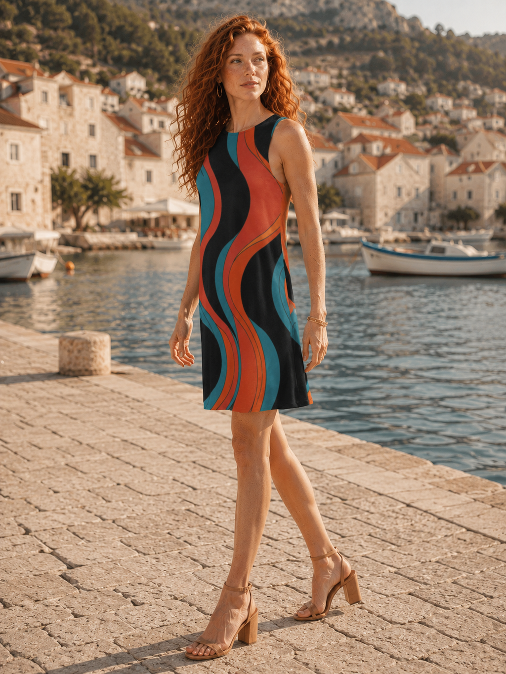 Blue Retro Wave A-Line Mini Dress with Pockets