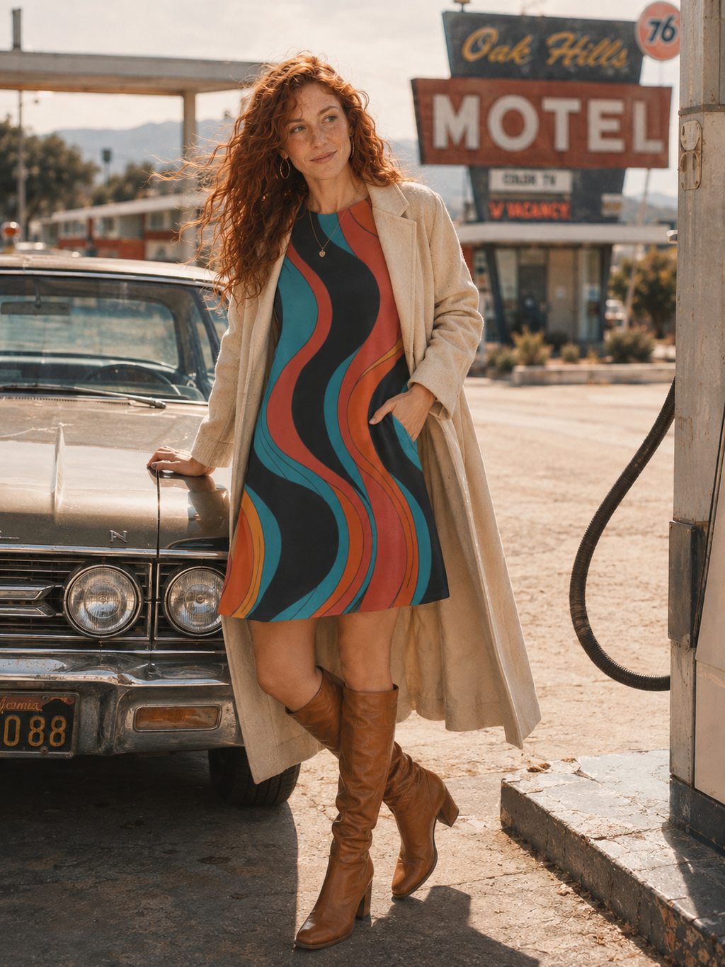 Blue Retro Wave A-Line Mini Dress with Pockets