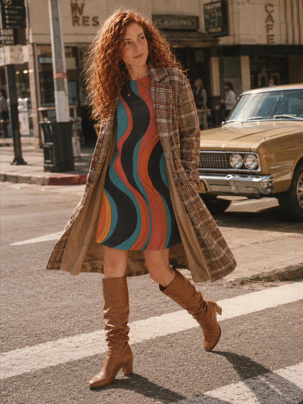 Blue Retro Wave A-Line Mini Dress with Pockets