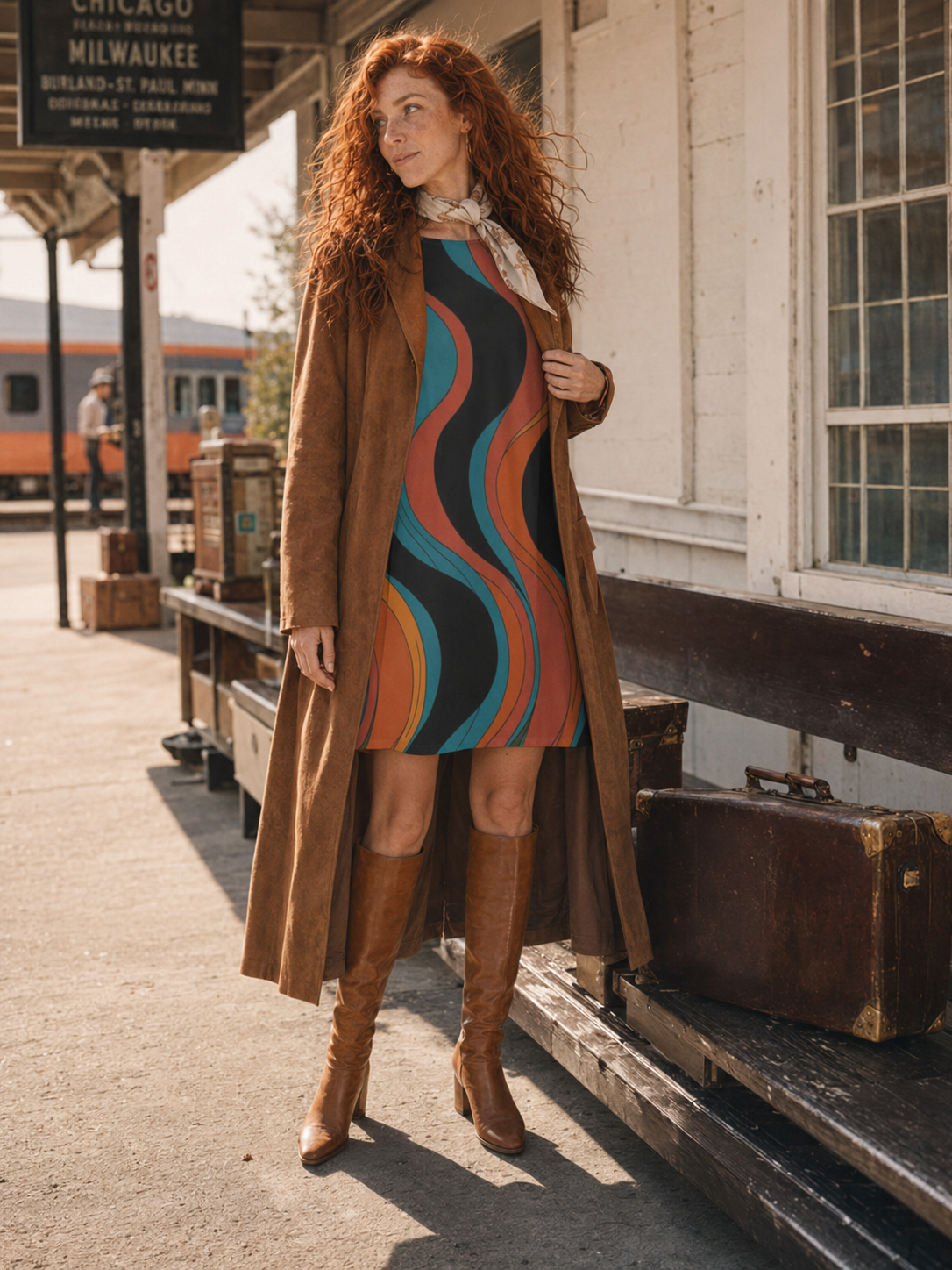 Blue Retro Wave A-Line Mini Dress with Pockets