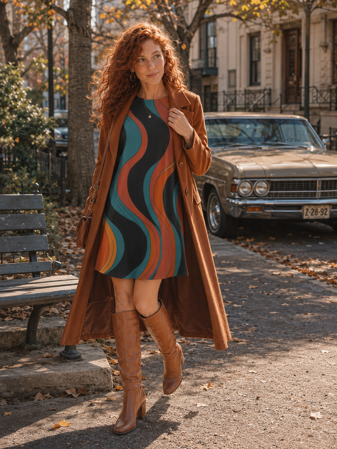 Blue Retro Wave A-Line Mini Dress with Pockets