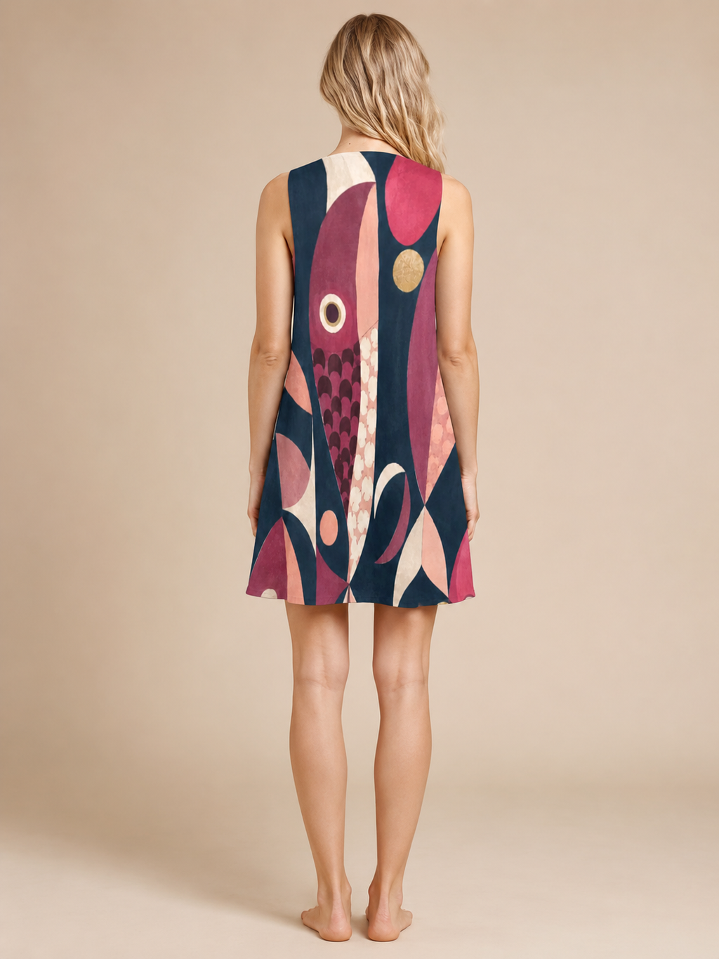 Pink Mid Century Fish Dress, Sleeveless A-Line Pocket Dress, 60s Mod Geometric Print