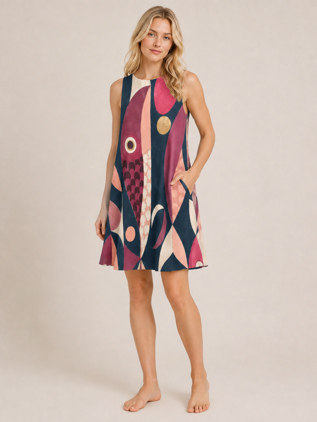 Pink Mid Century Fish Dress, Sleeveless A-Line Pocket Dress, 60s Mod Geometric Print