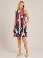 Retro geometric A-line dress angled front view