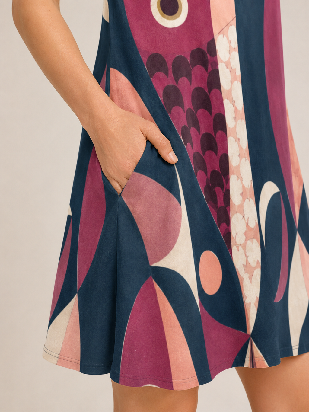 Pink Mid Century Fish Dress, Sleeveless A-Line Pocket Dress, 60s Mod Geometric Print