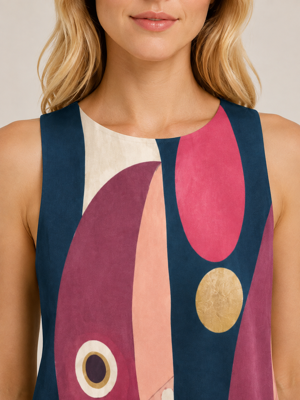 Pink Mid Century Fish Dress, Sleeveless A-Line Pocket Dress, 60s Mod Geometric Print