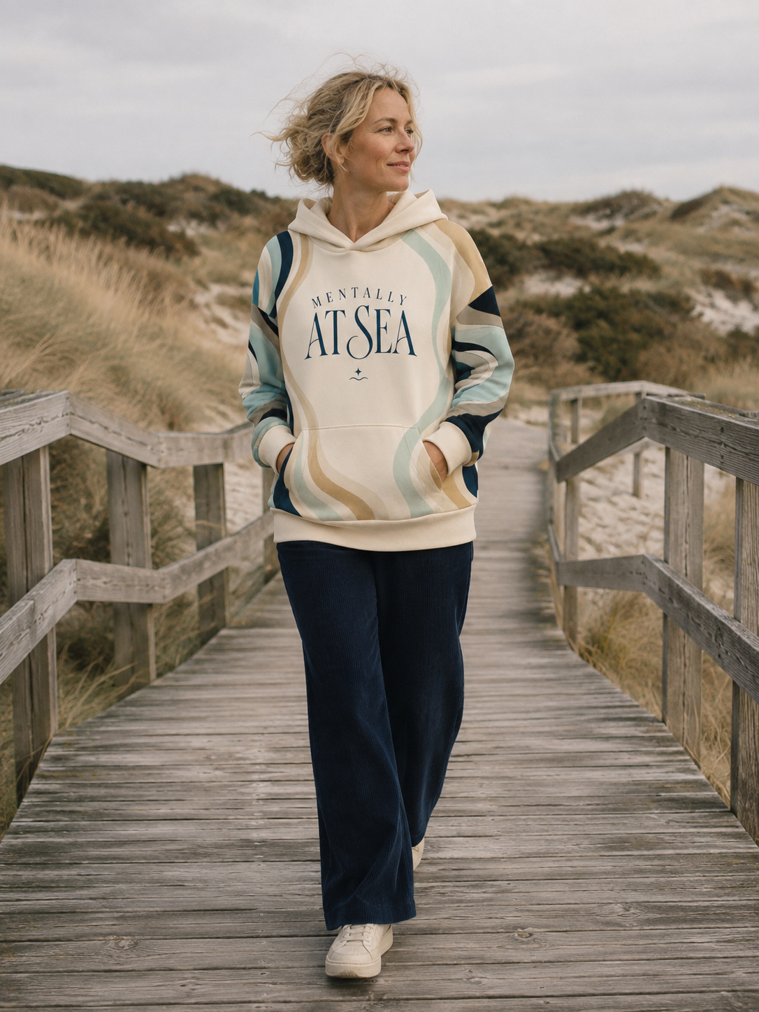 Mentally at Sea coastal hoodie full-length view