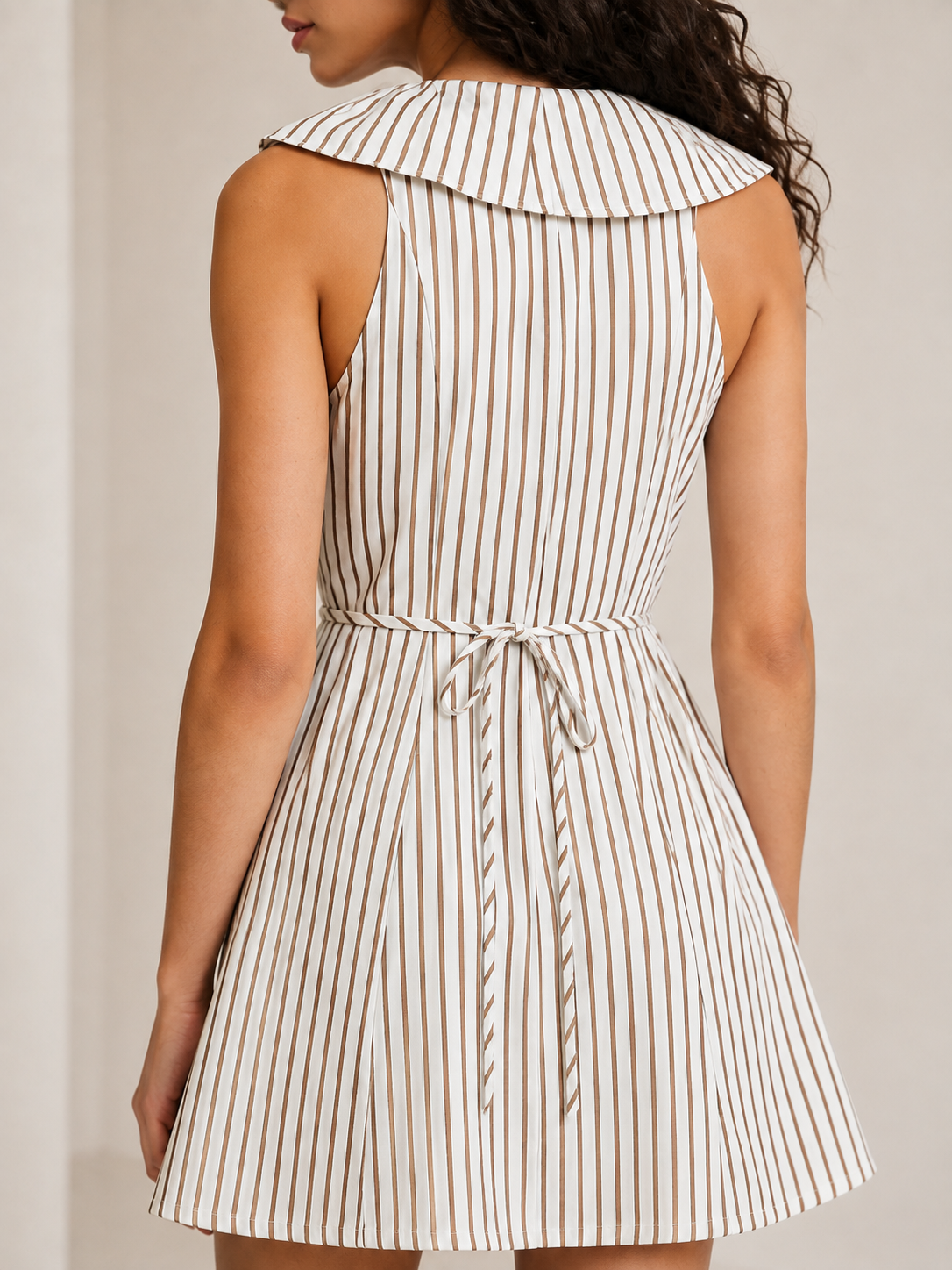 Brown Striped Ruffle Collar A-Line Mini Dress