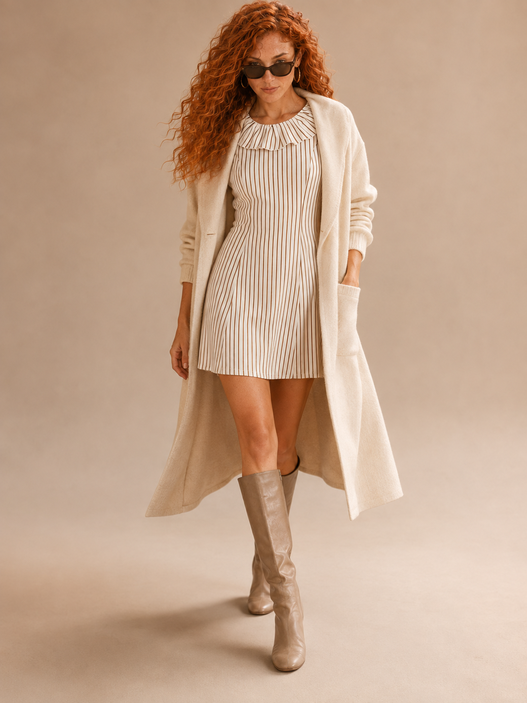 Brown Striped Ruffle Collar A-Line Mini Dress