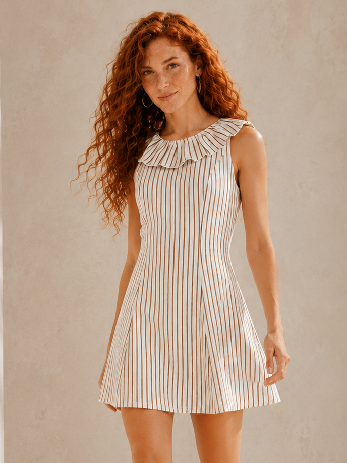 Brown Striped Ruffle Collar A-Line Mini Dress