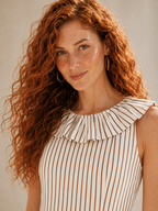 Brown Striped Ruffle Collar A-Line Mini Dress