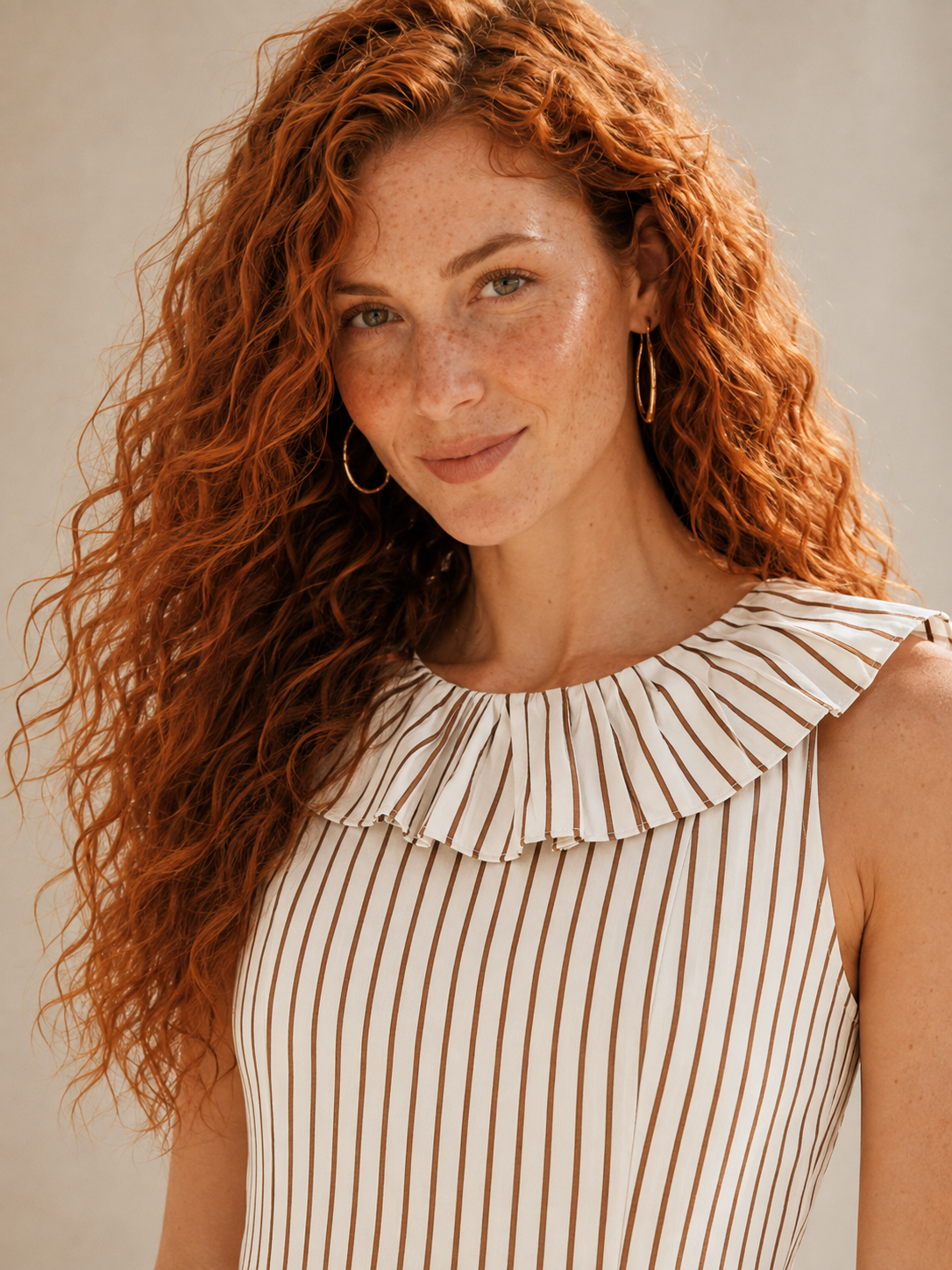 Brown Striped Ruffle Collar A-Line Mini Dress