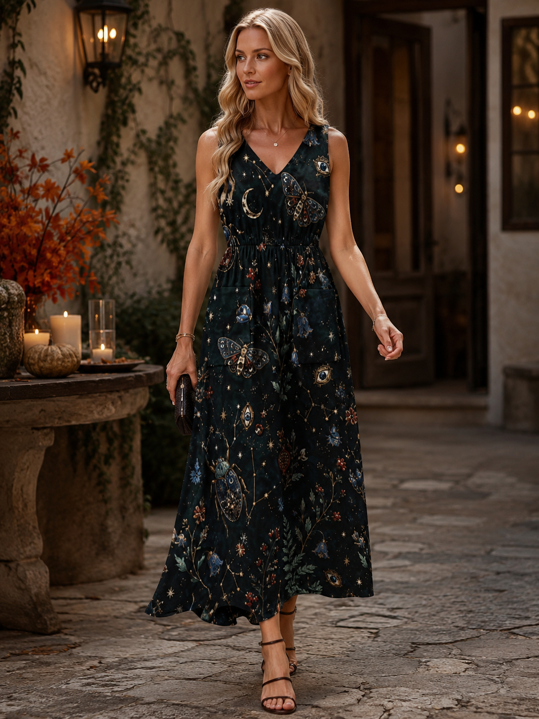 Deep Teal Botanical Maxi Dress with Pockets | V-Neck