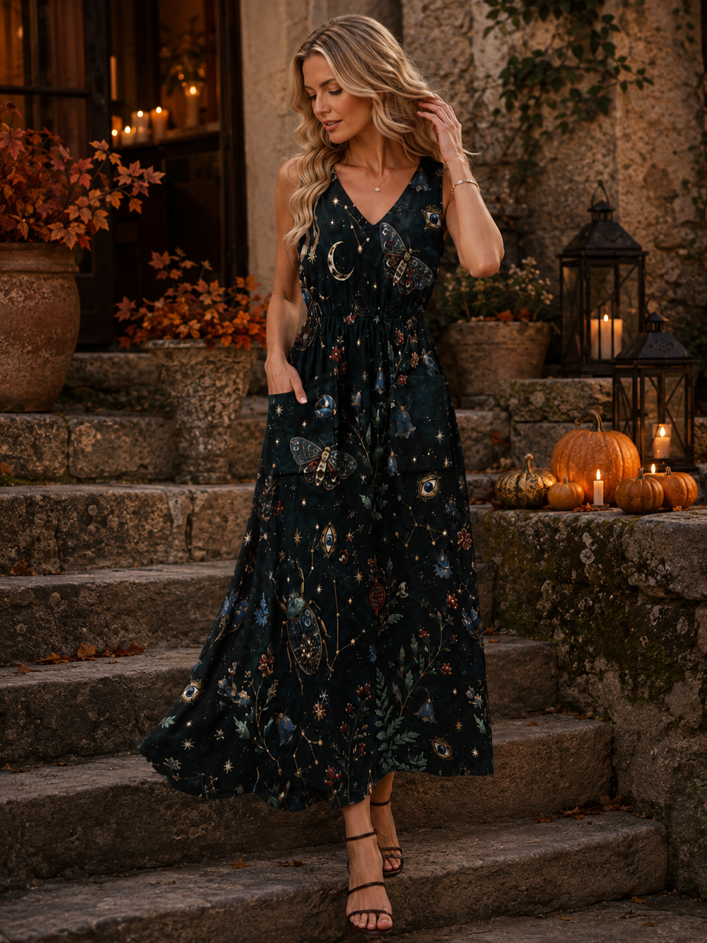 Deep Teal Botanical Maxi Dress with Pockets | V-Neck