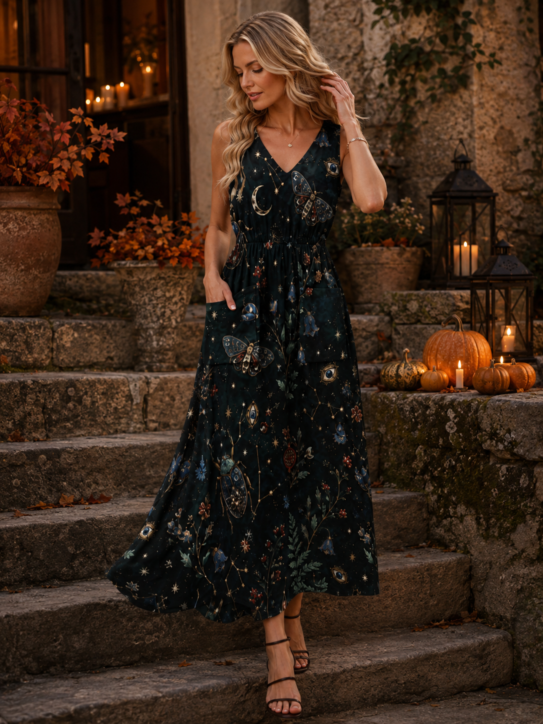 Deep Teal Botanical Maxi Dress with Pockets | V-Neck