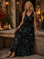 Deep Teal Botanical Maxi Dress with Pockets | V-Neck