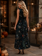 Deep Teal Botanical Maxi Dress with Pockets | V-Neck