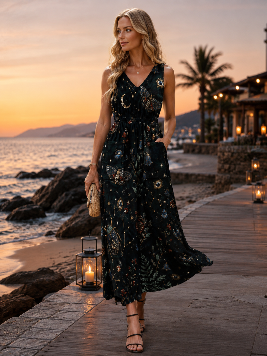 Deep Teal Botanical Maxi Dress with Pockets | V-Neck
