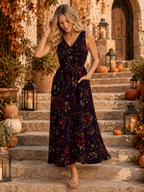 Plum Botanical Maxi Dress with Pockets | V-Neck Resort Dress