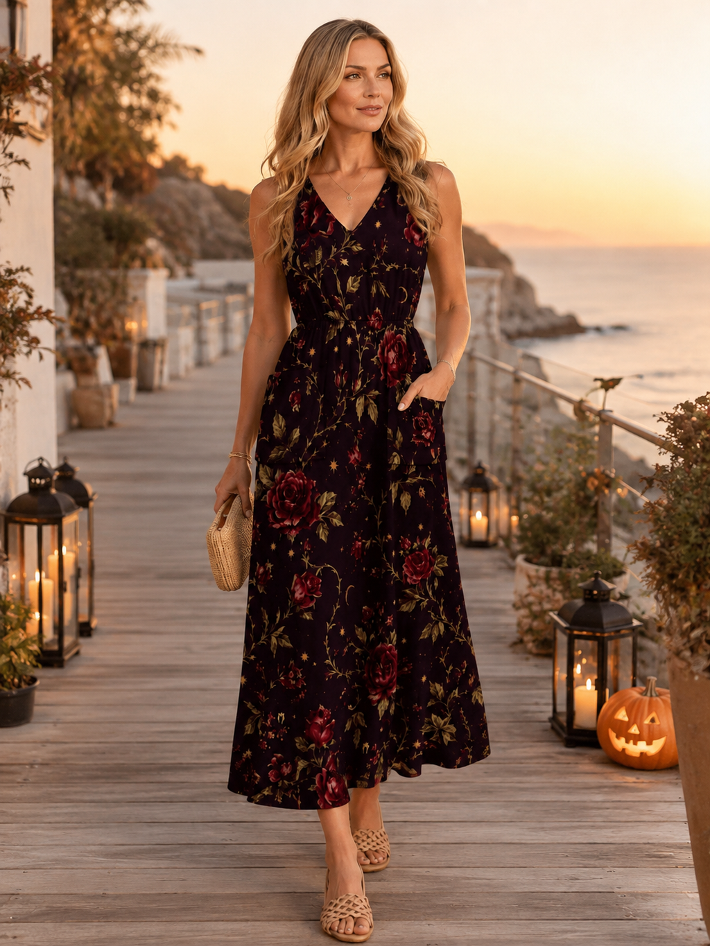 Plum Botanical Maxi Dress with Pockets | V-Neck Resort Dress