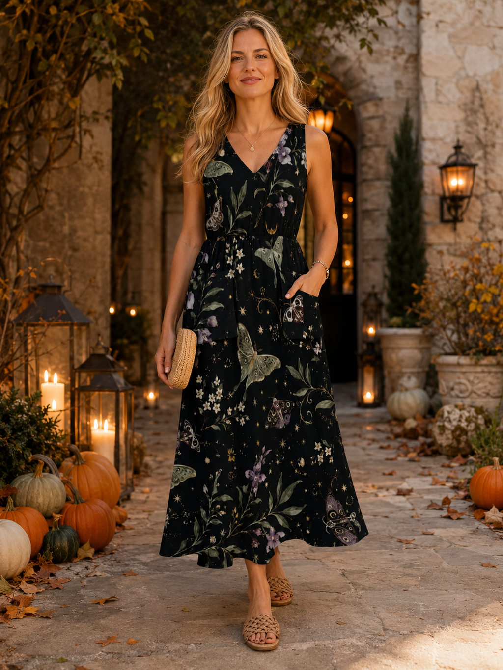 Midnight Botanical Maxi Dress with Pockets | V-Neck Resort Dress