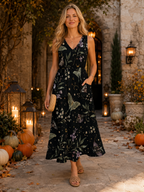 Midnight Botanical Maxi Dress with Pockets | V-Neck Resort Dress