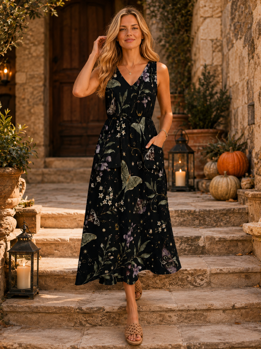 Midnight Botanical Maxi Dress with Pockets | V-Neck Resort Dress