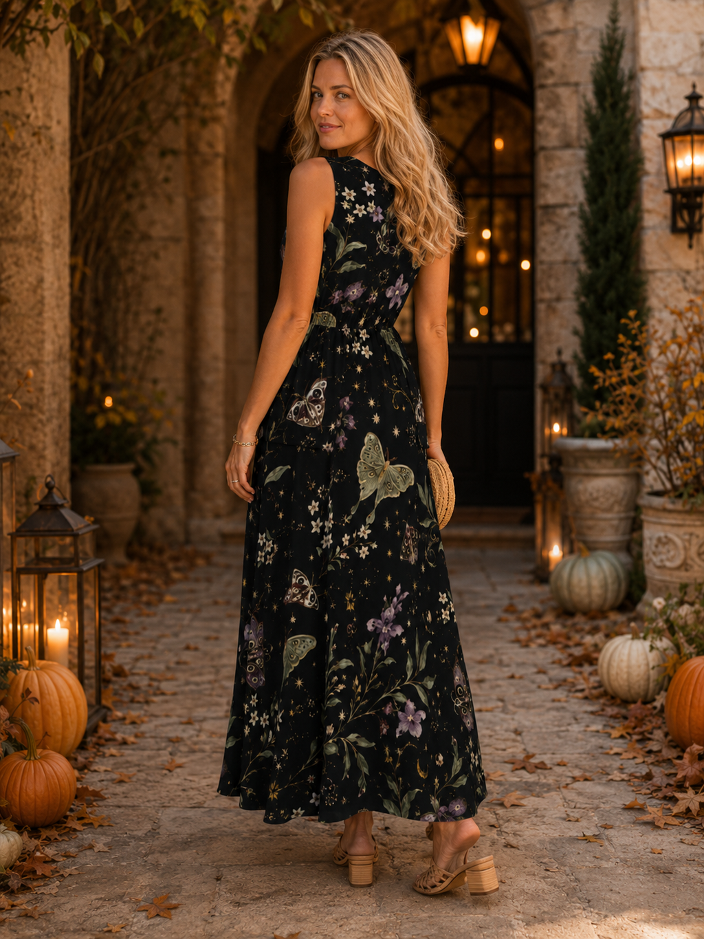 Midnight Botanical Maxi Dress with Pockets | V-Neck Resort Dress
