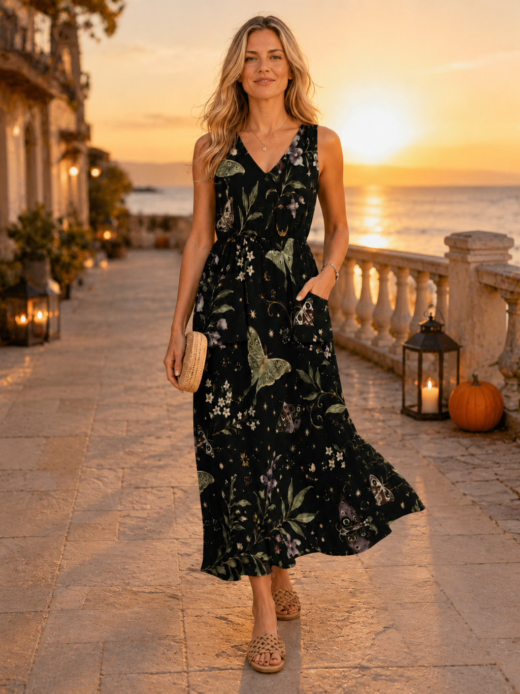 Midnight Botanical Maxi Dress with Pockets | V-Neck Resort Dress