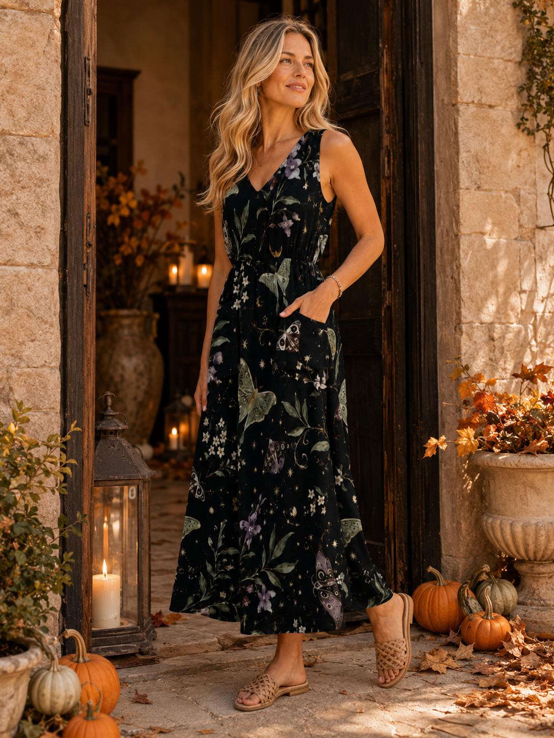 Midnight Botanical Maxi Dress with Pockets | V-Neck Resort Dress