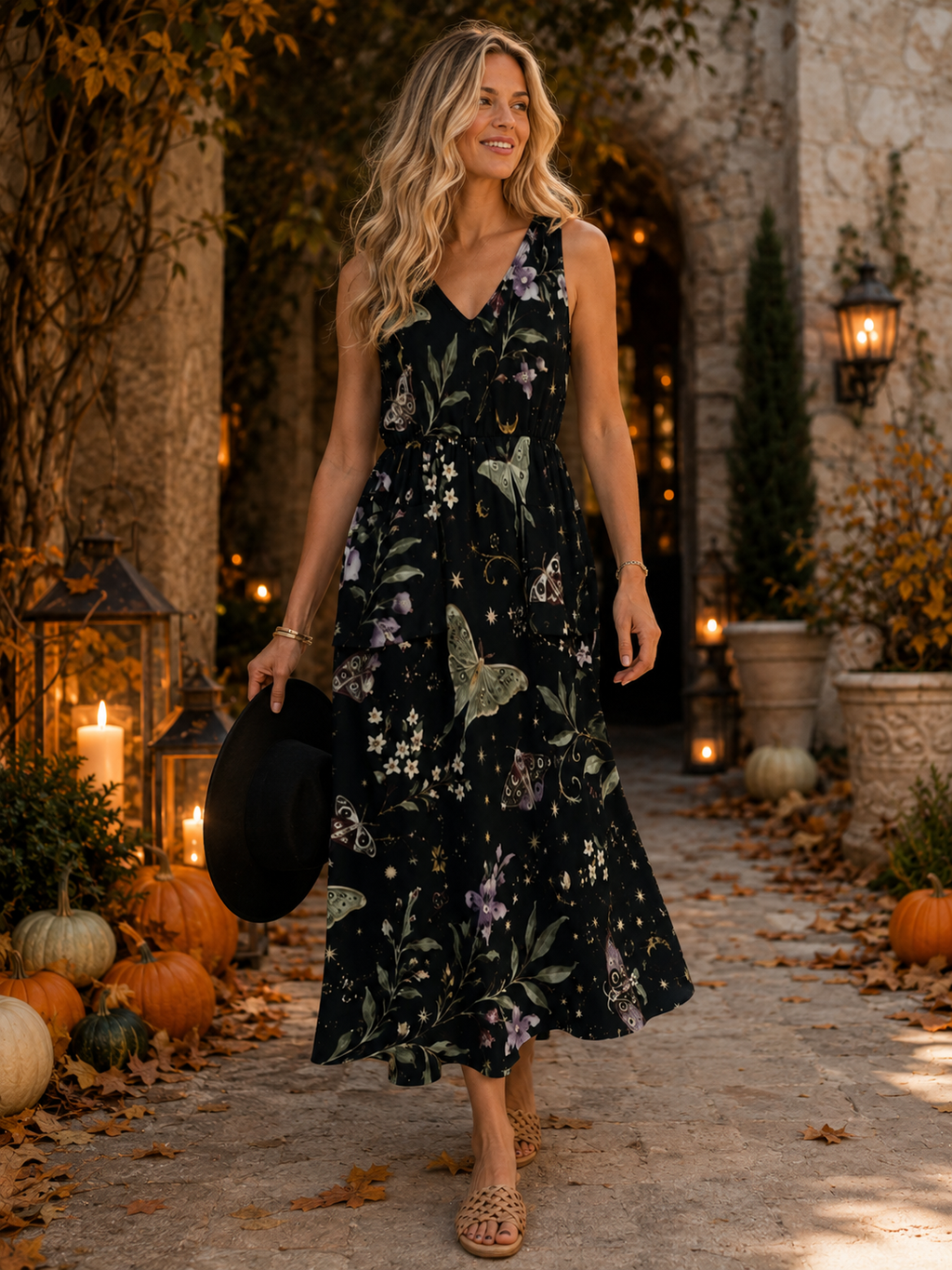 Midnight Botanical Maxi Dress with Pockets | V-Neck Resort Dress