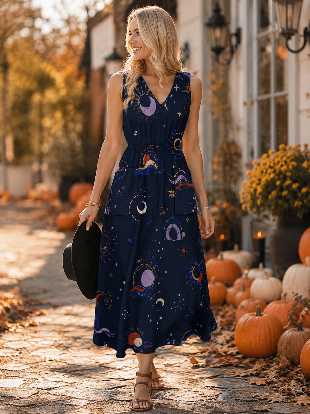 Navy Celestial Floral Maxi Dress with Pockets | V-Neck