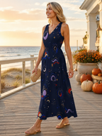 Navy Celestial Floral Maxi Dress with Pockets | V-Neck